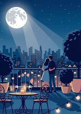 Couple on a Rooftop Overlooking Cityscape at Night