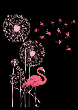 Pink Flamingo Dandelion Poster, Whimsical Bird Wall Art, Surreal Black Background Print