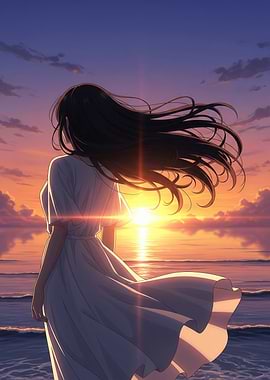 Anime Woman in white dress at sunset