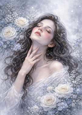 Ethereal Woman Surrounded by Flowers