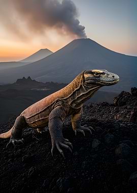 Komodo Dragon with Volcano Background