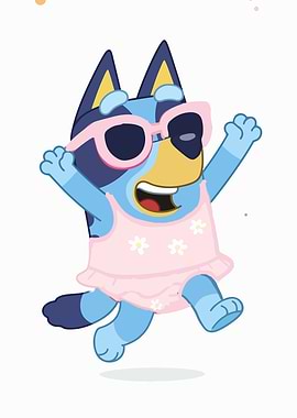 Bluey in a pink swimsuit and sunglasses