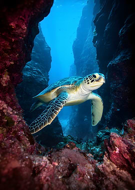 Sea Turtle Swimming Through Canyon
