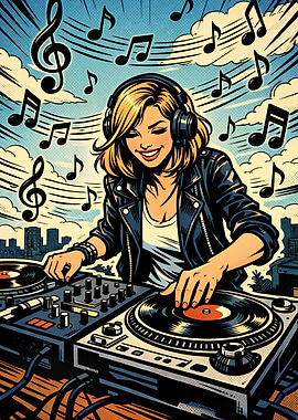 DJ Woman with Headphones and Turntables