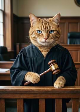 Cat Judge with Gavel in Courtroom