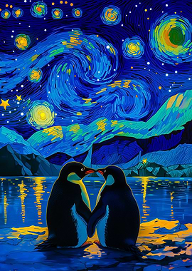 Penguins in Starry Night Style