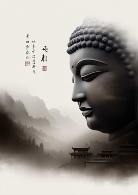 Buddha Face and Misty Mountains