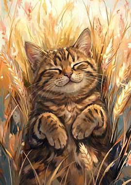 Sleeping Cat in Wheat Field