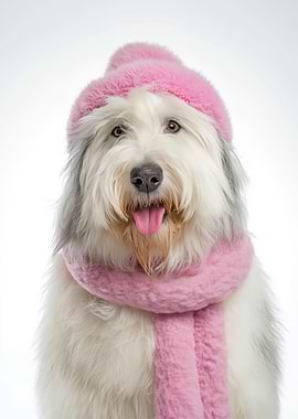 Cozy Old English Sheepdog in Pink Winter Hat and Scarf
