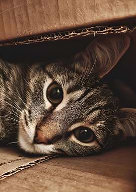 Close-up of a tabby cat in a cardboard box