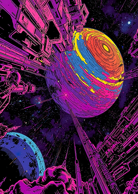 Cyberpunk Space Station with Planets