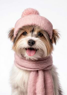 Cozy Biewer Terrier Dog Wearing Pink Winter Hat and Scarf