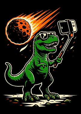 T Rex Selfie Poster, Funny Dinosaur Meteor Wall Art, Prehistoric Meme Print