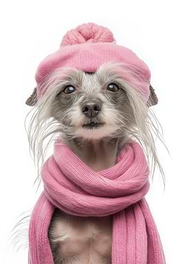 Cozy Chinese Crested Dog Wearing Pink Winter Hat and Scarf