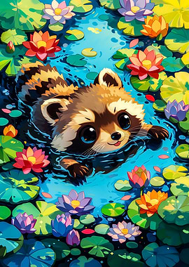 Cute Raccoon Swimming in Lotus Pond