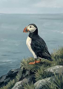 Puffin on a Cliff Overlooking the Ocean