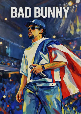 Bad Bunny Painting with Puerto Rican Flag