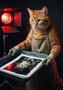 Cat developing a photograph in the darkroom