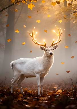 Magical White Deer in Autumn Forest