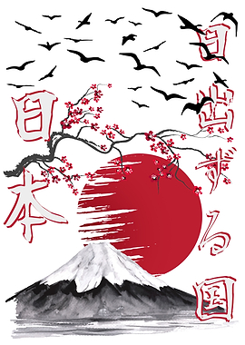 Japanese Landscape with Mount Fuji and Cherry Blossoms