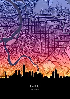 Taipei City Skyline Map Sunset