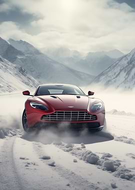 Red Aston Martin in Snowy Mountains