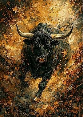 Powerful Black Bull Charging