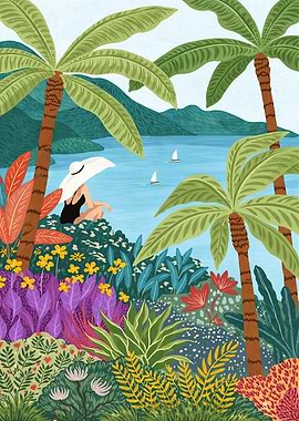 Woman in Hat by Tropical Ocean