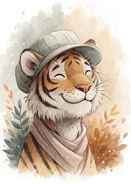 Cute Tiger Wearing a Hat and Scarf