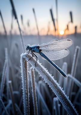 Dragonfly on Frosted Reeds at Sunrise