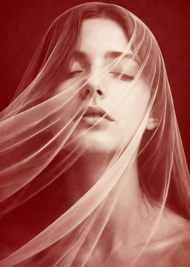 Woman veiled in sheer fabric