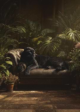 Black Panther on a Leather Sofa