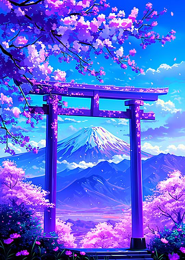 Mount Fuji with Cherry Blossoms and Torii Gate