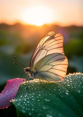 Butterfly on a wet leaf at sunset