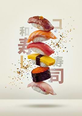 Floating Sushi Symphony with Japanese Typography