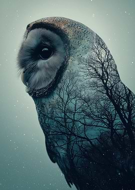Double Exposure Owl and Forest