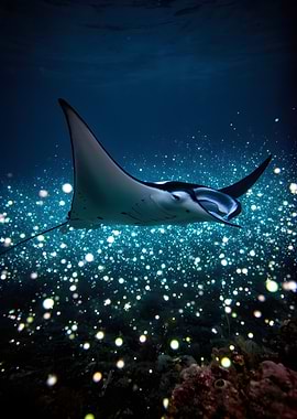 Manta Ray Swimming in Bioluminescent Water