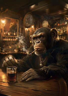 Chimpanzee in a Bar Smoking a Cigar