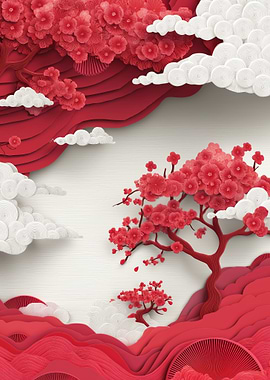 Red Cherry Blossoms and Clouds