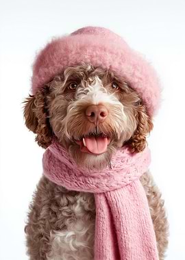Cozy Lagotto Romagnolo Dog Wearing Pink Hat and Scarf