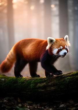 Red Panda Walking on a Mossy Log