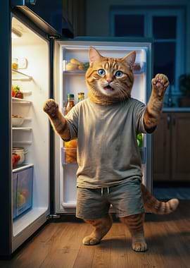 Cat in Clothes at Refrigerator