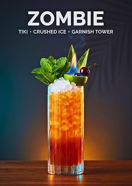 Zombie Tiki Cocktail Poster with Flaming Lime Garnish