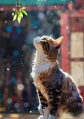 Cat looking up at leaves