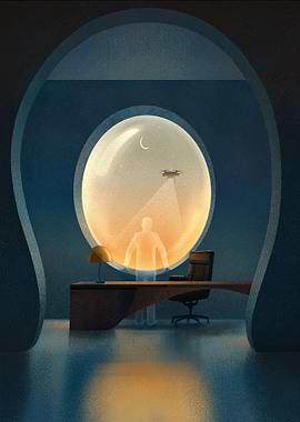 Surreal Office Scene with Drone and Moon