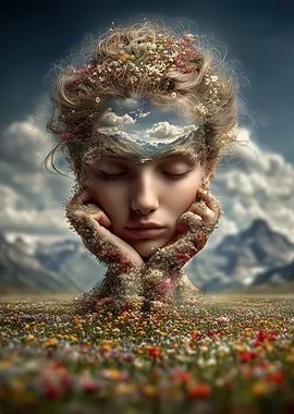 Woman's Head with Floral Landscape