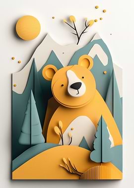 Cute Bear in Papercut Landscape