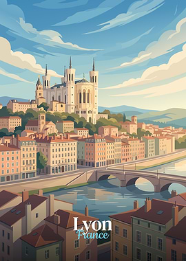 Lyon France Cityscape with Basilica