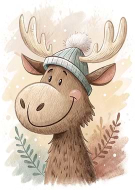 Cute Moose Wearing a Winter Hat