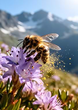 Bee collecting pollen on a mountain flower